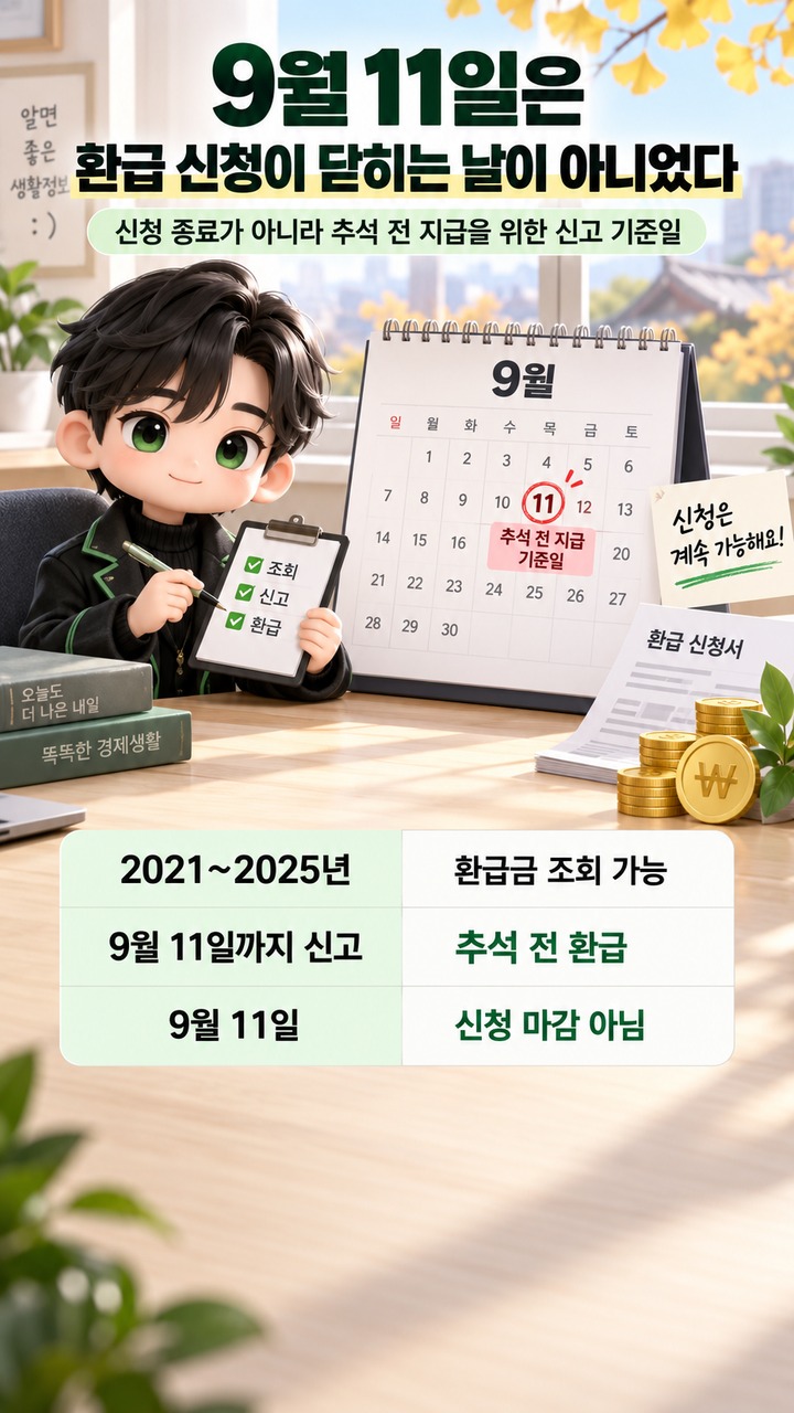 9월 11일은 환급 신청이 닫히는 날이 아니었다 - 9월 11일은 환급 신청이 닫히는 날이 아니었다 핵심 내용을 정리한 정보형 이미지