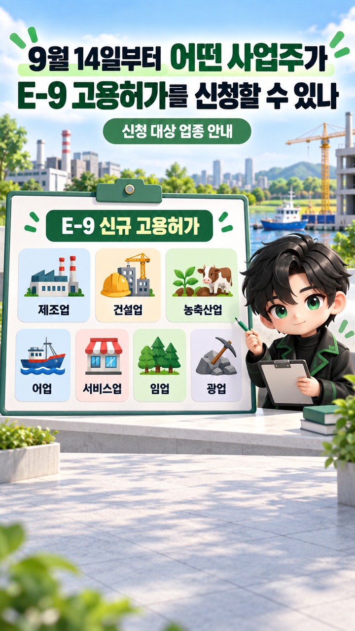 E-9 외국인근로자 4회차 고용허가 신청 안내# E-9 외국인근로자 4회차 고용허가, 9월 14일 신청 전 7일 구인노력부터 확인 - 9월 14일부터 어떤 사업주가 E 9 고용허가를 신청할 수 있나 핵심 내용을 정리한 정보형 이미지