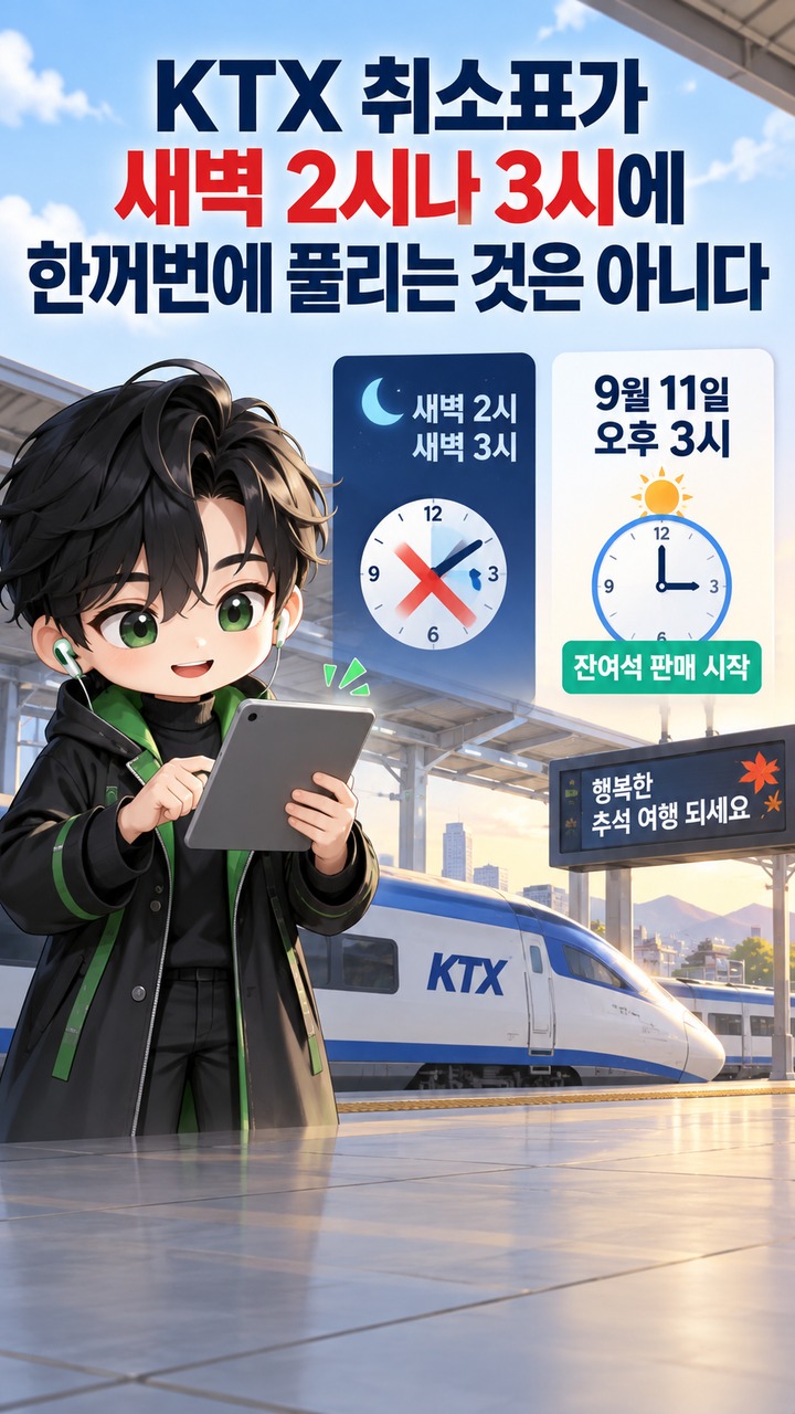KTX 취소표가 새벽 2시나 3시에 한꺼번에 풀리는 것은 아니다 - KTX 취소표가 새벽 2시나 3시에 한꺼번에 풀리는 것은 아니다 핵심 내용을 정리한 정보형 이미지