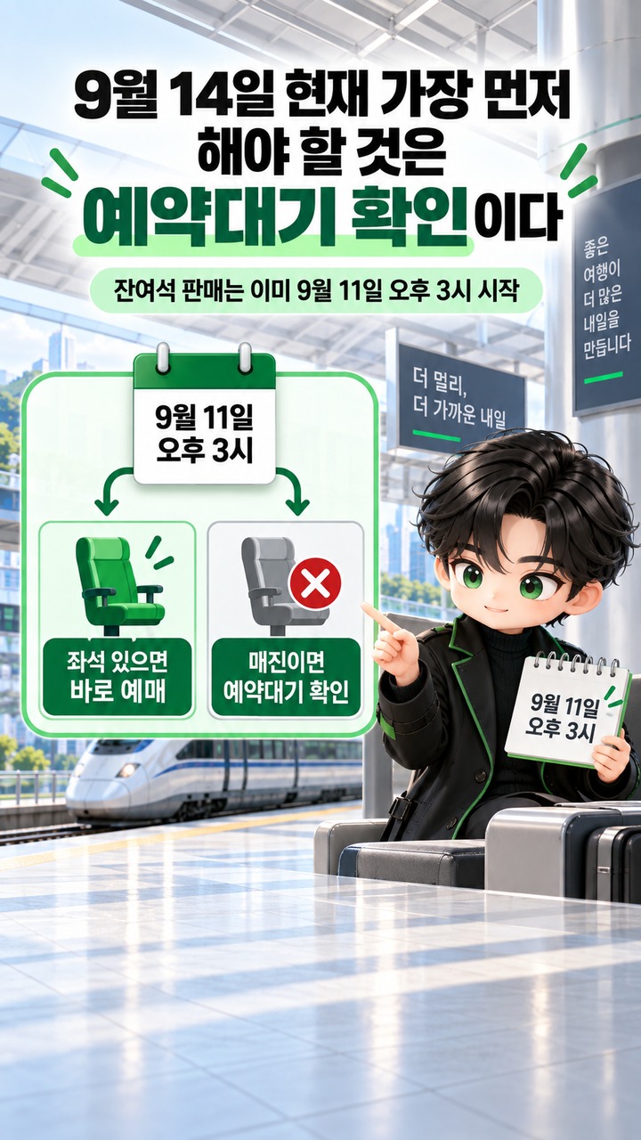 KTX 취소표가 새벽 2시나 3시에 한꺼번에 풀리는 것은 아니다 - 9월 14일 현재 가장 먼저 해야 할 것은 예약대기 확인이다 핵심 내용을 정리한 정보형 이미지