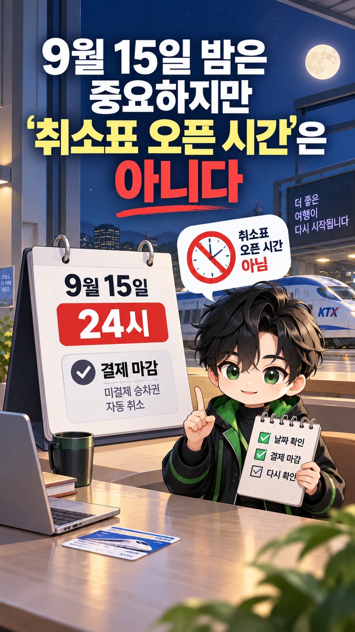 KTX 취소표가 새벽 2시나 3시에 한꺼번에 풀리는 것은 아니다 - 9월 15일 밤은 중요하지만 ‘취소표 오픈 시간’은 아니다 핵심 내용을 정리한 정보형 이미지