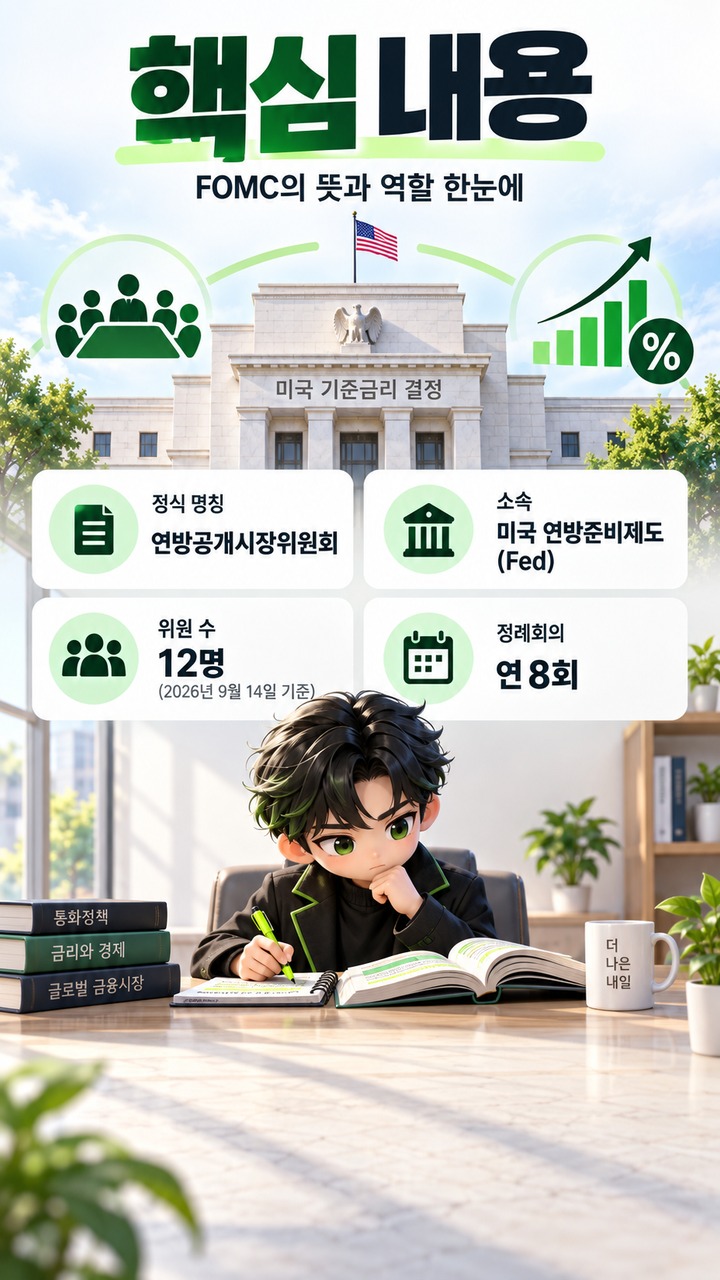 FOMC란 무엇인가# FOMC란? 미국 기준금리를 결정하는 회의, 연준과 차이부터 발표 읽는 법까지 - 핵심 내용 핵심 내용을 정리한 정보형 이미지