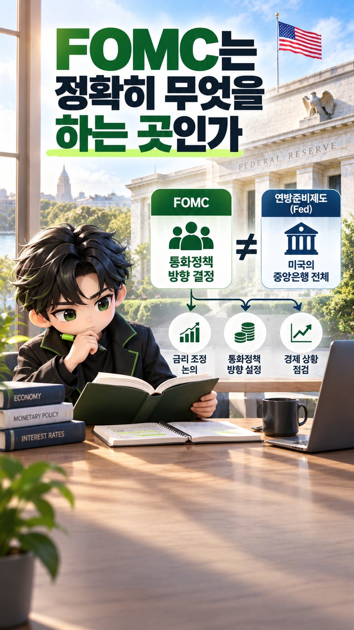 FOMC란 무엇인가# FOMC란? 미국 기준금리를 결정하는 회의, 연준과 차이부터 발표 읽는 법까지 - FOMC는 정확히 무엇을 하는 곳인가 핵심 내용을 정리한 정보형 이미지