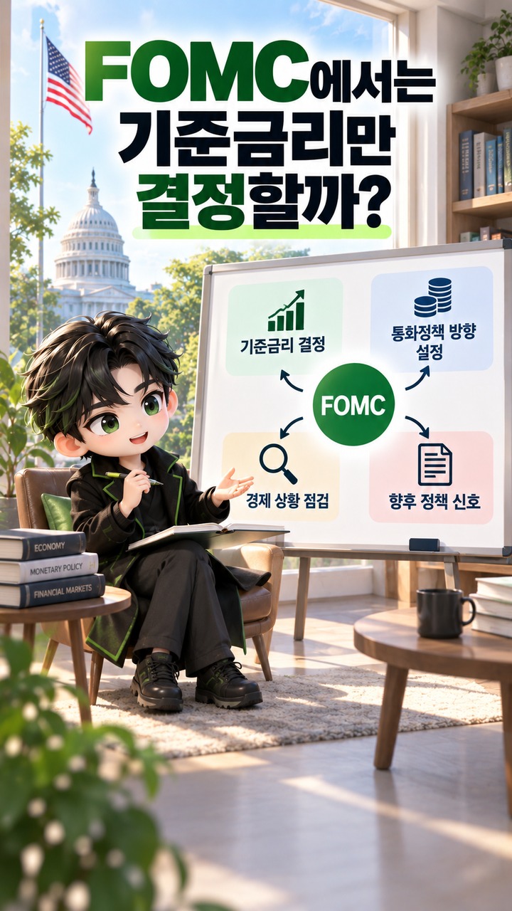 FOMC란 무엇인가# FOMC란? 미국 기준금리를 결정하는 회의, 연준과 차이부터 발표 읽는 법까지 - FOMC에서는 기준금리만 결정할까 핵심 내용을 정리한 정보형 이미지