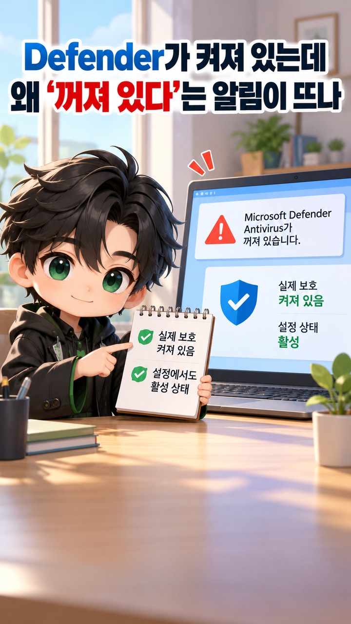 Defender가 켜져 있는데 왜 ‘꺼져 있다’는 알림이 뜨나 - Windows 보안에서 먼저 무엇을 확인해야 하나 핵심 내용을 정리한 정보형 이미지