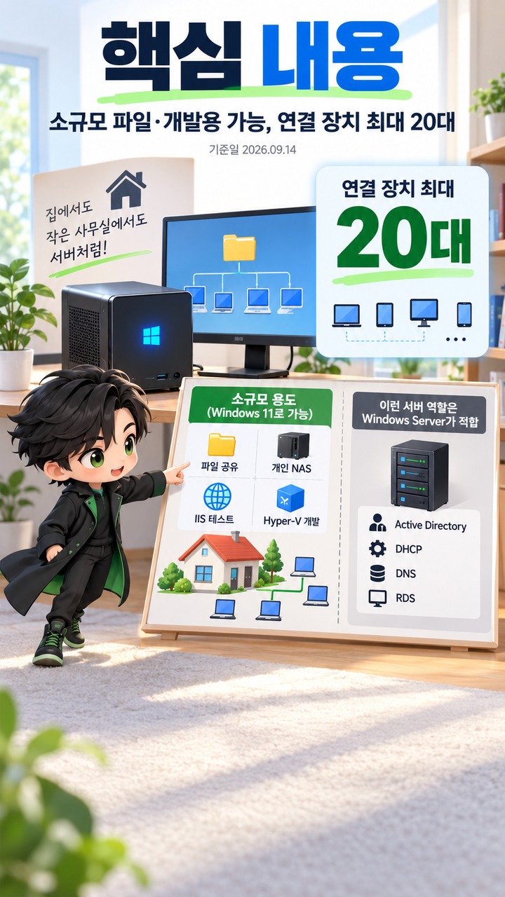 윈도우11 서버로 쓸만한가, 소규모 파일·개발용은 가능하지만 20대 연결부터 기준이 달라진다 - 핵심 내용 핵심 내용을 정리한 정보형 이미지