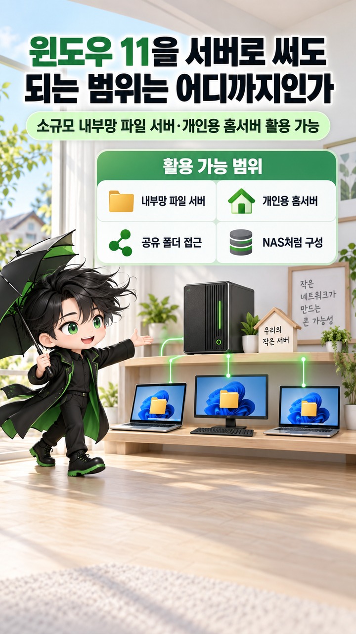 윈도우11 서버로 쓸만한가, 소규모 파일·개발용은 가능하지만 20대 연결부터 기준이 달라진다 - 윈도우 11을 서버로 써도 되는 범위는 어디까지인가 핵심 내용을 정리한 정보형 이미지