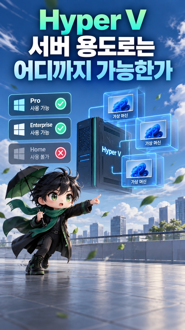 윈도우11 서버로 쓸만한가, 소규모 파일·개발용은 가능하지만 20대 연결부터 기준이 달라진다 - Hyper V 서버 용도로는 어디까지 가능한가 핵심 내용을 정리한 정보형 이미지