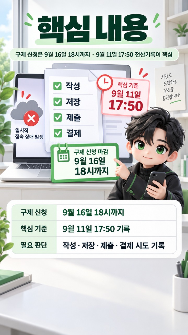 수시 원서접수 먹통 구제 신청, 9월 16일 오후 6시까지…17시 50분 기록이 기준이다 - 핵심 내용 핵심 내용을 정리한 정보형 이미지