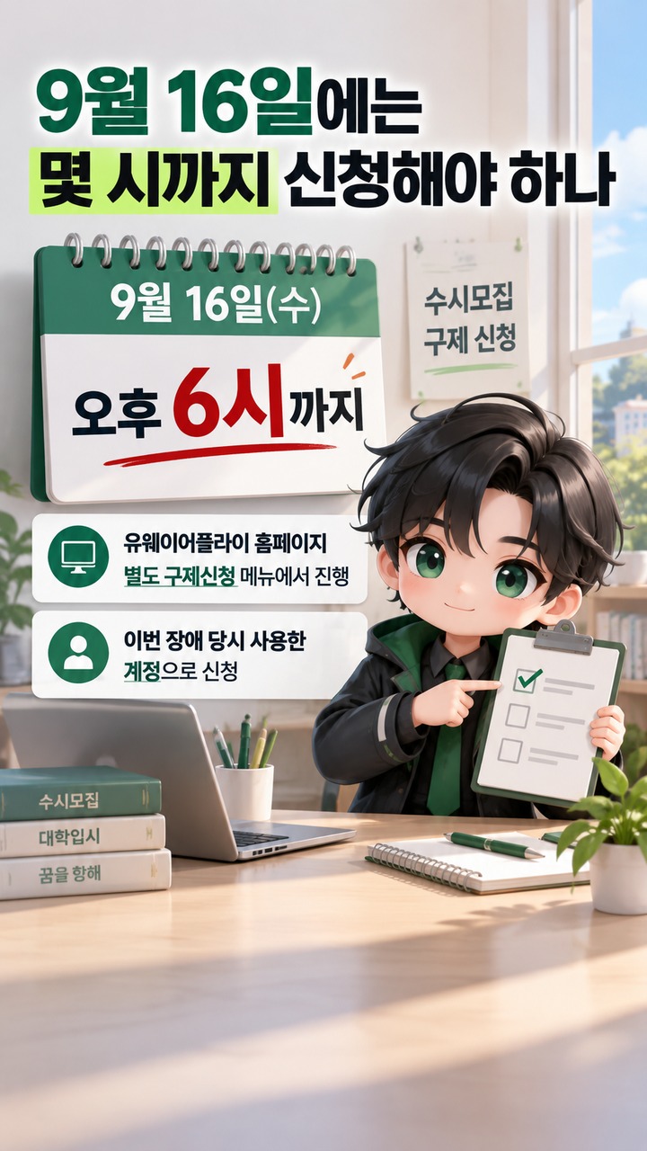 수시 원서접수 먹통 구제 신청, 9월 16일 오후 6시까지…17시 50분 기록이 기준이다 - 9월 16일에는 몇 시까지 신청해야 하나 핵심 내용을 정리한 정보형 이미지