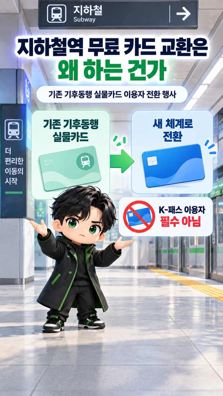이미 K-패스를 쓰고 있다면 무엇을 해야 하나 - 지하철역 무료 카드 교환은 왜 하는 건가 핵심 내용을 정리한 정보형 이미지
