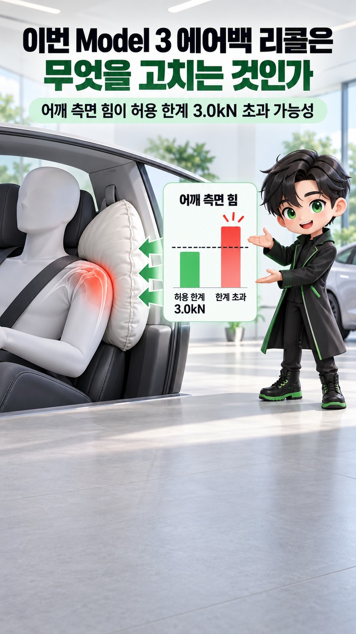 확인 기준은 **2026년 9월 15일 18시 03분 KST**입니다. - 이번 Model 3 에어백 리콜은 무엇을 고치는 것인가 핵심 내용을 정리한 정보형 이미지