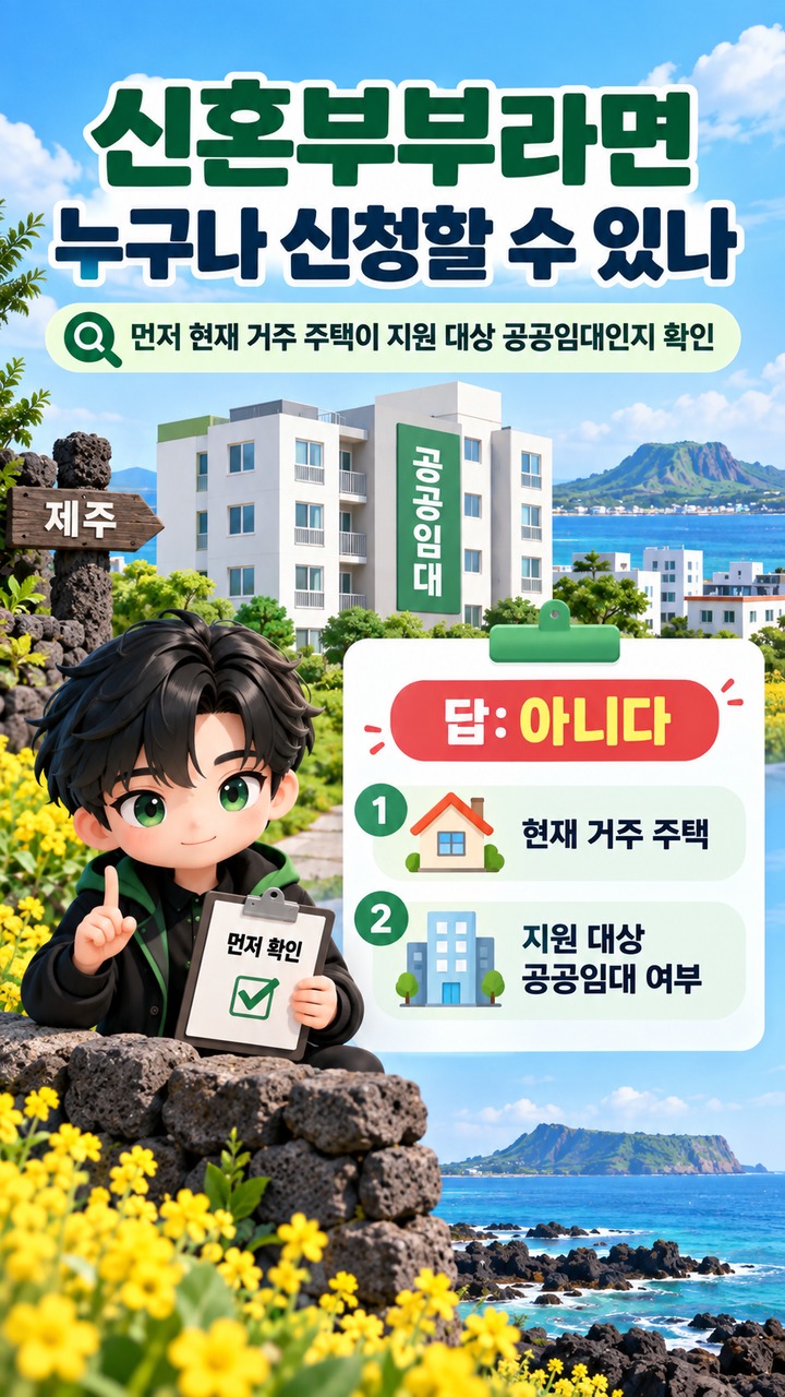 제주 3만원 주택 3차 모집# 제주 3만원 주택 3차 모집 시작, 신혼부부도 공공임대·소득·중복지원 조건을 봐야 한다 - 신혼부부라면 누구나 신청할 수 있나 핵심 내용을 정리한 정보형 이미지