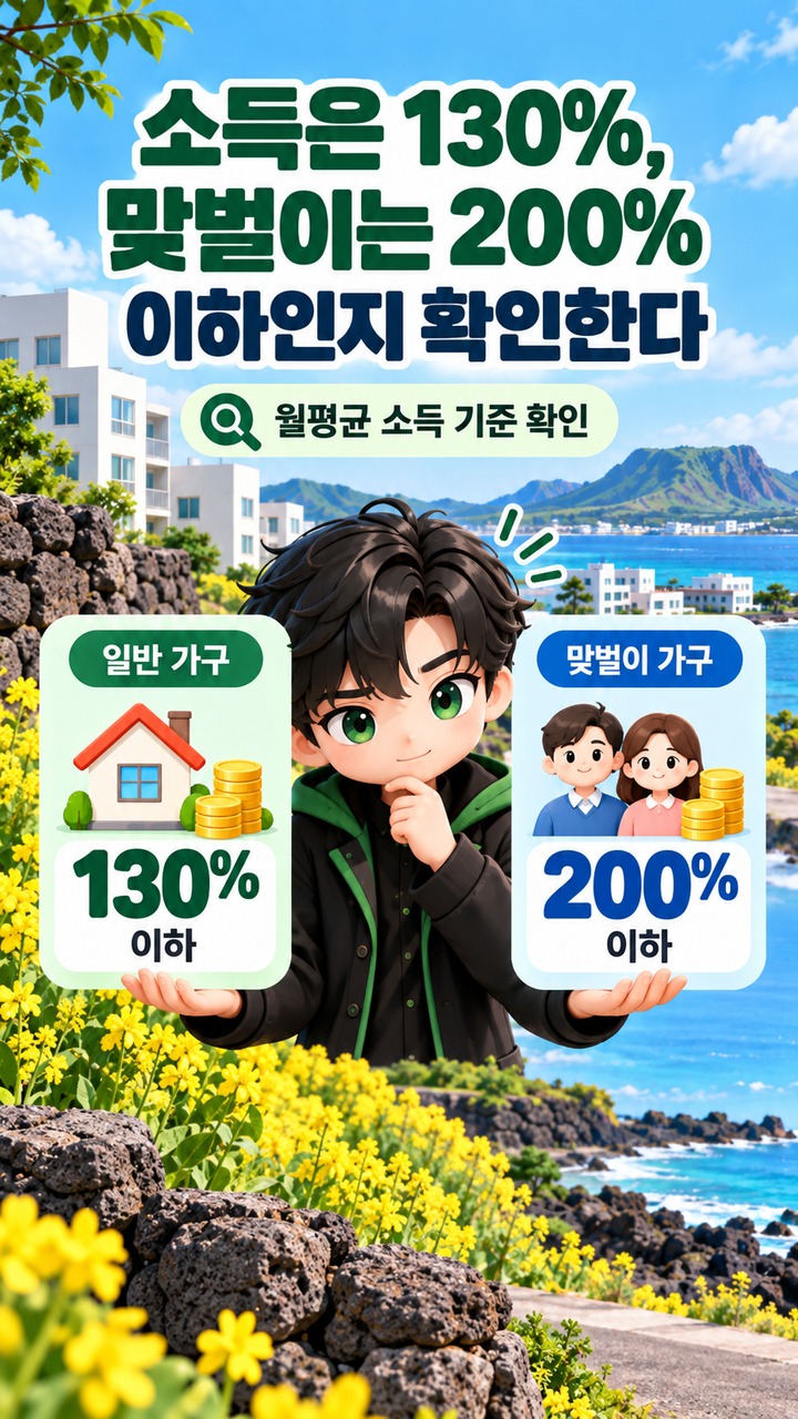 제주 3만원 주택 3차 모집# 제주 3만원 주택 3차 모집 시작, 신혼부부도 공공임대·소득·중복지원 조건을 봐야 한다 - 소득은 130%, 맞벌이는 200% 이하인지 확인한다 핵심 내용을 정리한 정보형 이미지