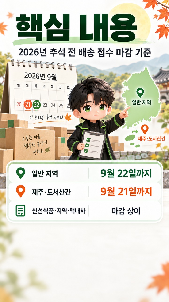추석 택배 언제 보내야 하나, 2026년 연휴 전 도착을 위한 접수 마감 기준 - 핵심 내용 핵심 내용을 정리한 정보형 이미지