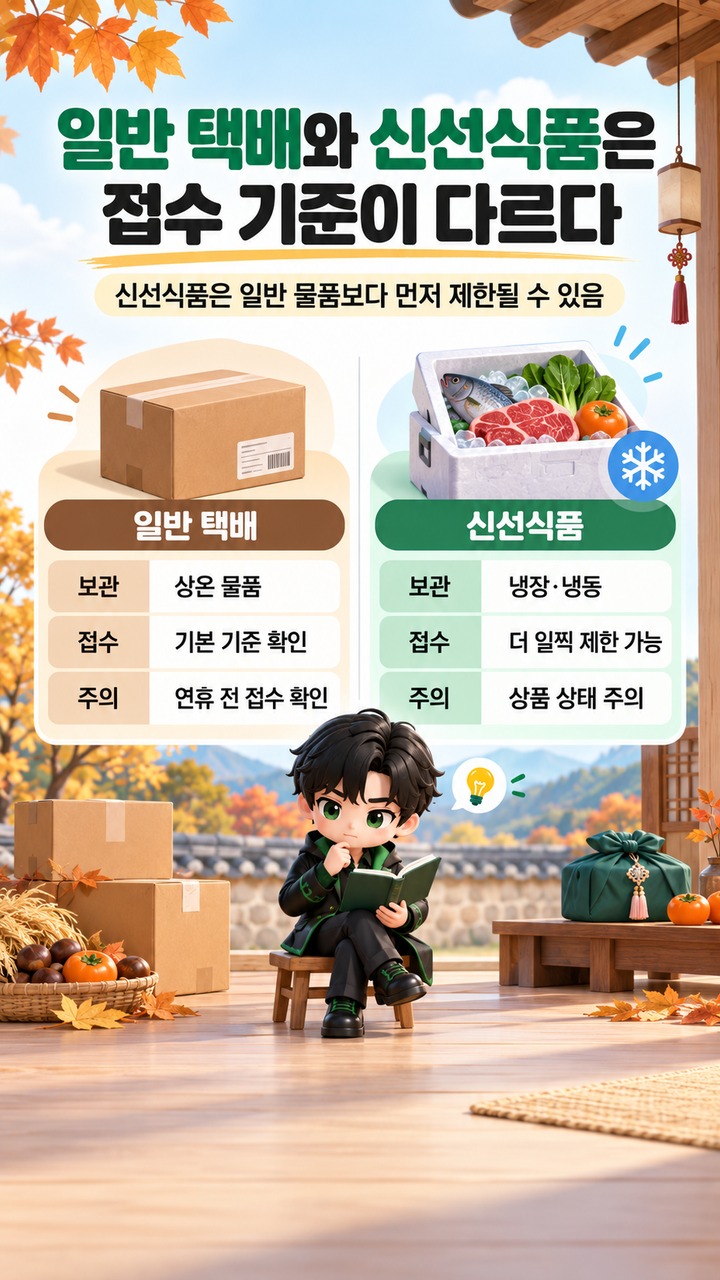 추석 택배 언제 보내야 하나, 2026년 연휴 전 도착을 위한 접수 마감 기준 - 일반 택배와 신선식품은 접수 기준이 다르다 핵심 내용을 정리한 정보형 이미지