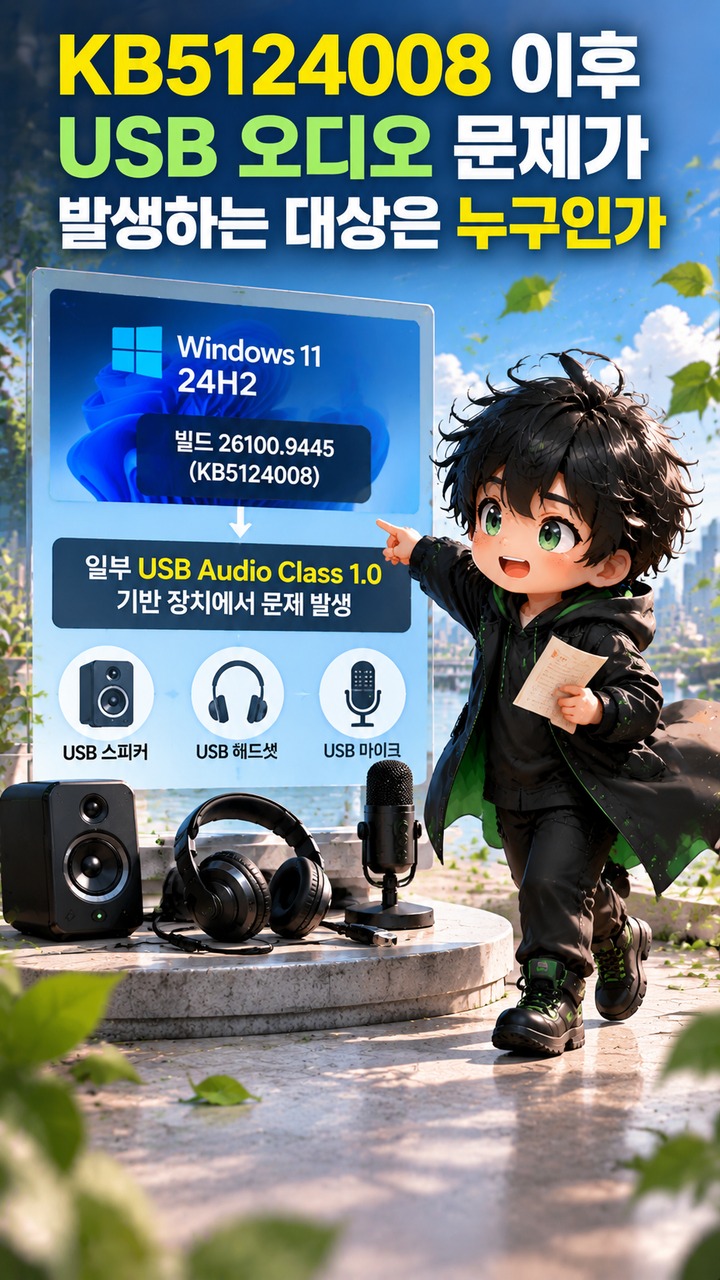 Windows 11 KB5124008 설치 후 USB 스피커·마이크 소리가 안 나올 때 확인할 순서 - KB5124008 이후 USB 오디오 문제가 발생하는 대상은 누구인가 핵심 내용을 정리한 정보형 이미지
