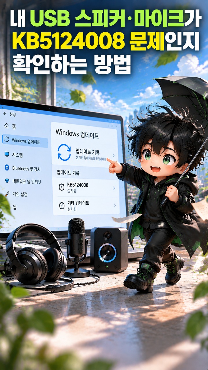 Windows 11 KB5124008 설치 후 USB 스피커·마이크 소리가 안 나올 때 확인할 순서 - 내 USB 스피커·마이크가 KB5124008 문제인지 확인하는 방법 핵심 내용을 정리한 정보형 이미지