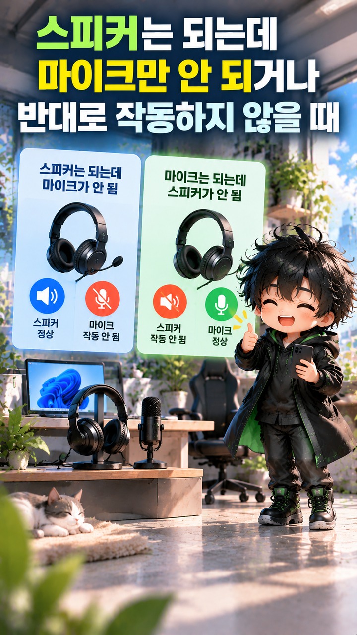 Windows 11 KB5124008 설치 후 USB 스피커·마이크 소리가 안 나올 때 확인할 순서 - 스피커는 되는데 마이크만 안 되거나 반대로 작동하지 않을 때 핵심 내용을 정리한 정보형 이미지