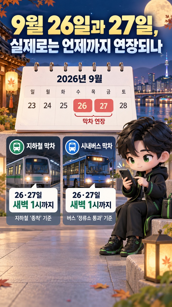 2026년 9월 17일 KST 기준으로 확인된 서울시 추석 특별교통 계획이다. - 9월 26일과 27일, 실제로는 언제까지 연장되나 핵심 내용을 정리한 정보형 이미지
