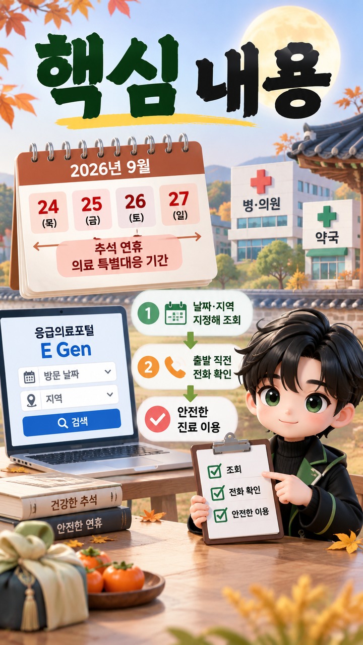 2026 추석 문 여는 병원·약국 찾기, E-Gen 조회 뒤 전화 확인이 필요한 이유 - 핵심 내용 핵심 내용을 정리한 정보형 이미지
