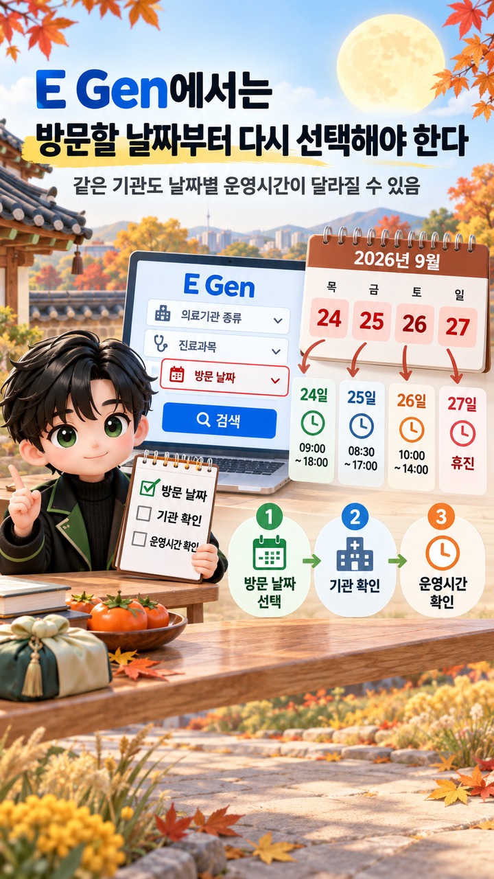 2026 추석 문 여는 병원·약국 찾기, E-Gen 조회 뒤 전화 확인이 필요한 이유 - E Gen에서는 방문할 날짜부터 다시 선택해야 한다 핵심 내용을 정리한 정보형 이미지