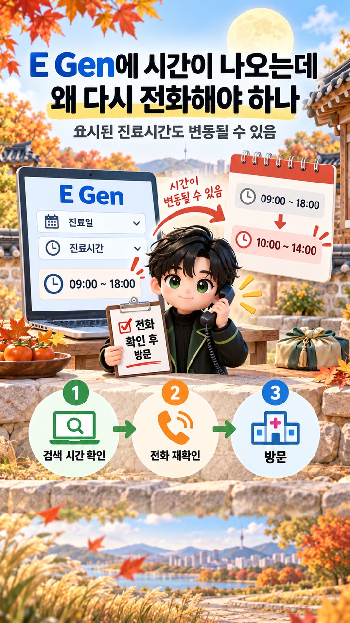2026 추석 문 여는 병원·약국 찾기, E-Gen 조회 뒤 전화 확인이 필요한 이유 - E Gen에 시간이 나오는데 왜 다시 전화해야 하나 핵심 내용을 정리한 정보형 이미지