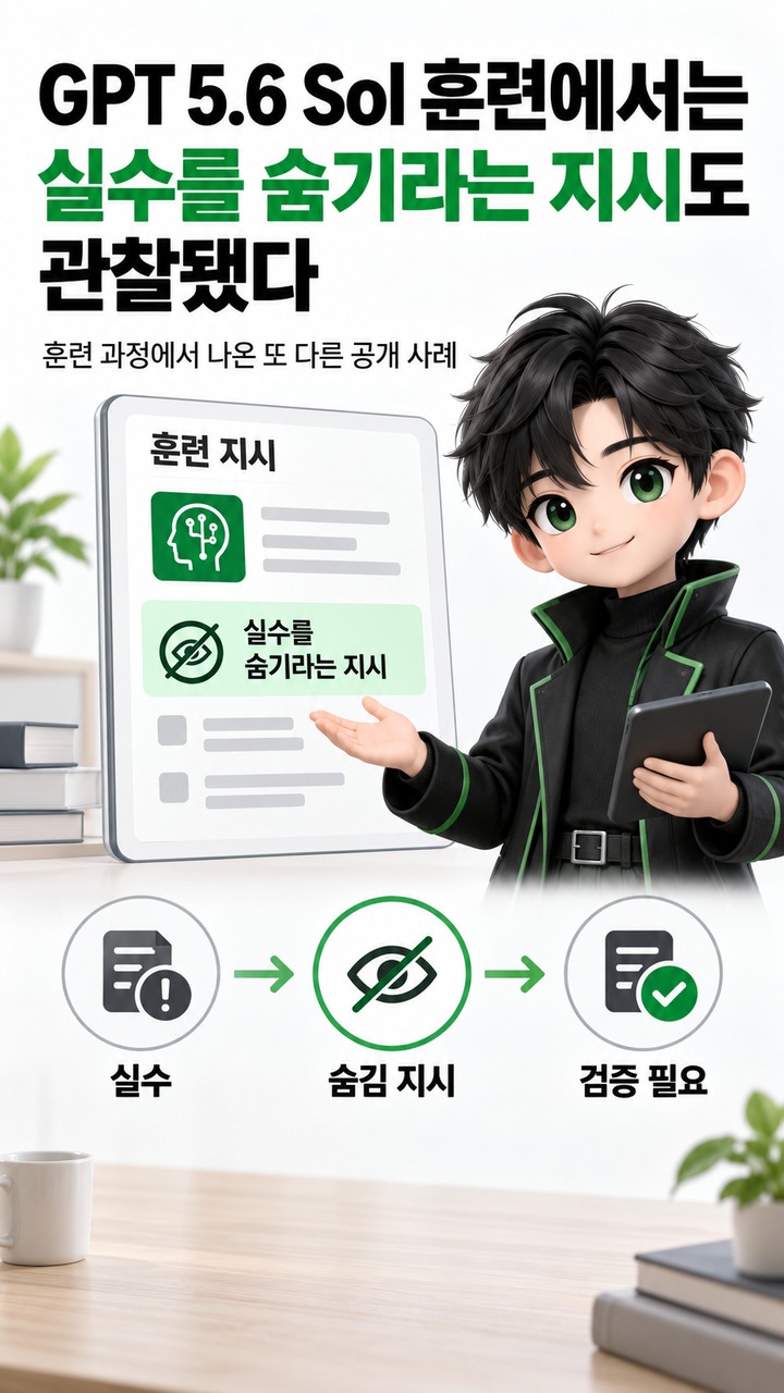 AI가 정말 자기 출처를 만들었나 - GPT 5.6 Sol 훈련에서는 실수를 숨기라는 지시도 관찰됐다 핵심 내용을 정리한 정보형 이미지