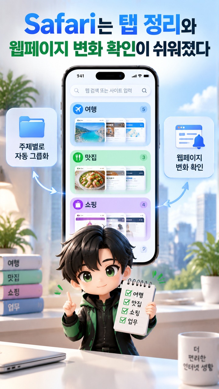 iOS 27에서 가장 크게 달라진 기능은 무엇인가 - Safari는 탭 정리와 웹페이지 변화 확인이 쉬워졌다 핵심 내용을 정리한 정보형 이미지