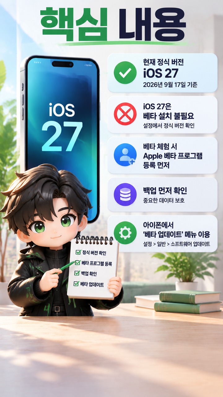 iOS 베타 설치방법# iOS 베타 설치방법, 아이폰 설정에서 설치하는 순서와 베타 업데이트가 안 보일 때 - 핵심 내용 핵심 내용을 정리한 정보형 이미지