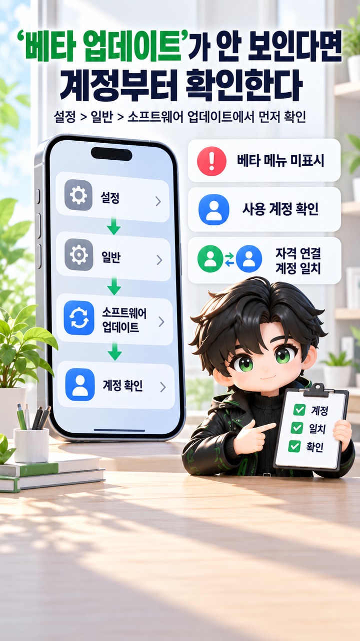 iOS 베타 설치방법# iOS 베타 설치방법, 아이폰 설정에서 설치하는 순서와 베타 업데이트가 안 보일 때 - ‘베타 업데이트’가 안 보인다면 계정부터 확인한다 핵심 내용을 정리한 정보형 이미지