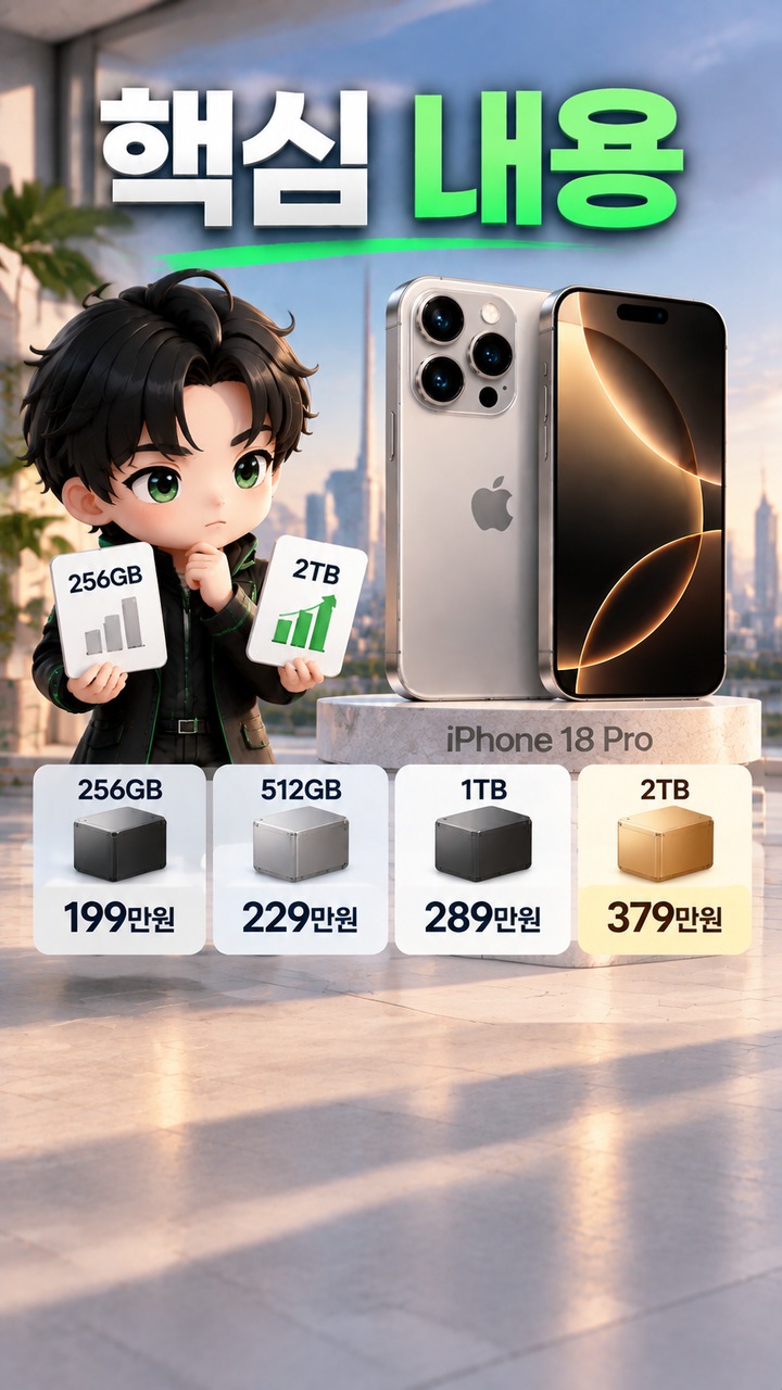 아이폰18프로 특징 및 가격, 199만원부터 달라진 핵심은 가변 조리개# 아이폰18프로 특징 및 가격, 199만원부터 달라진 핵심은 가변 조리개 - 핵심 내용 핵심 내용을 정리한 정보형 이미지