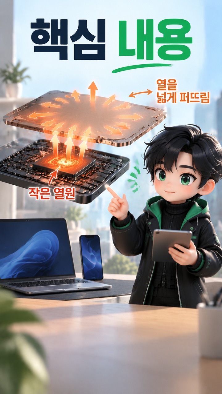 베이퍼챔버란? 액체가 증발·응축하며 열을 넓게 퍼뜨리는 냉각 원리# 베이퍼챔버란? 액체가 증발·응축하며 열을 넓게 퍼뜨리는 냉각 원리 - 핵심 내용 핵심 내용을 정리한 정보형 이미지