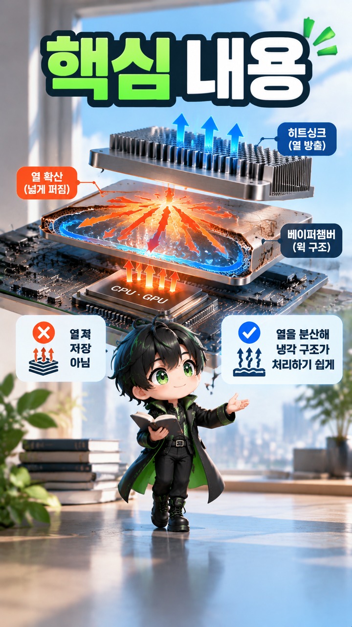 베이퍼챔버란? 액체가 증발·응축하며 열을 넓게 퍼뜨리는 원리# 베이퍼챔버란? 액체가 증발·응축하며 열을 넓게 퍼뜨리는 원리 - 핵심 내용 핵심 내용을 정리한 정보형 이미지