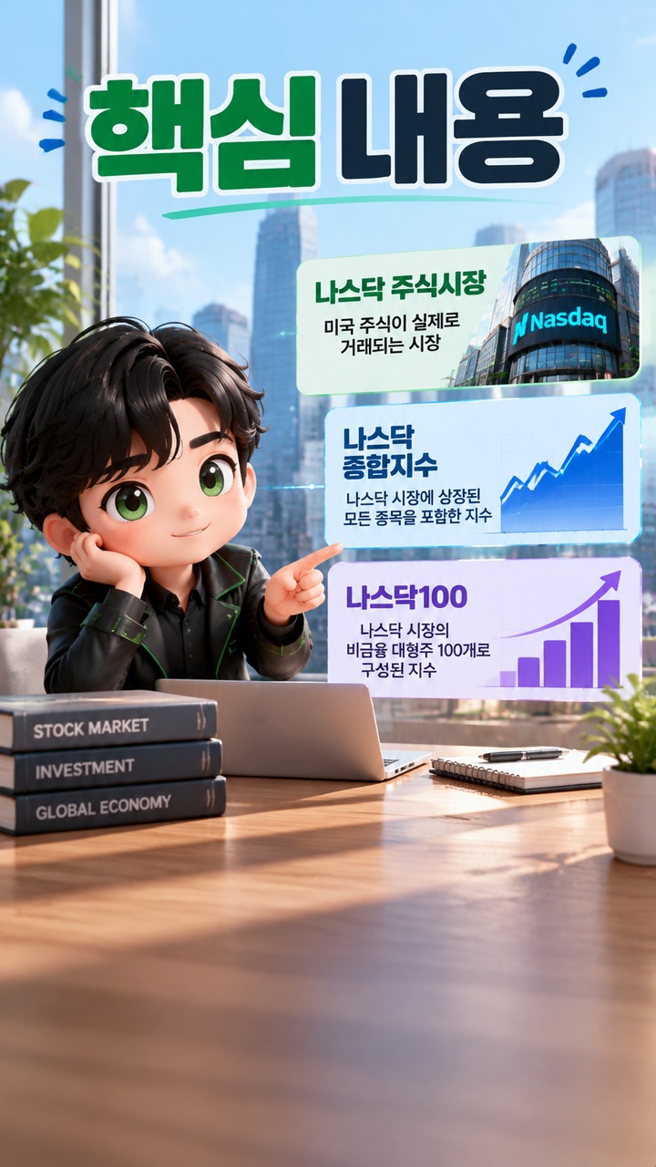 나스닥이란? 주식시장과 나스닥 종합지수·나스닥100 차이부터 이해하기# 나스닥이란? 주식시장과 나스닥 종합지수·나스닥100 차이부터 이해하기 - 핵심 내용 핵심 내용을 정리한 정보형 이미지