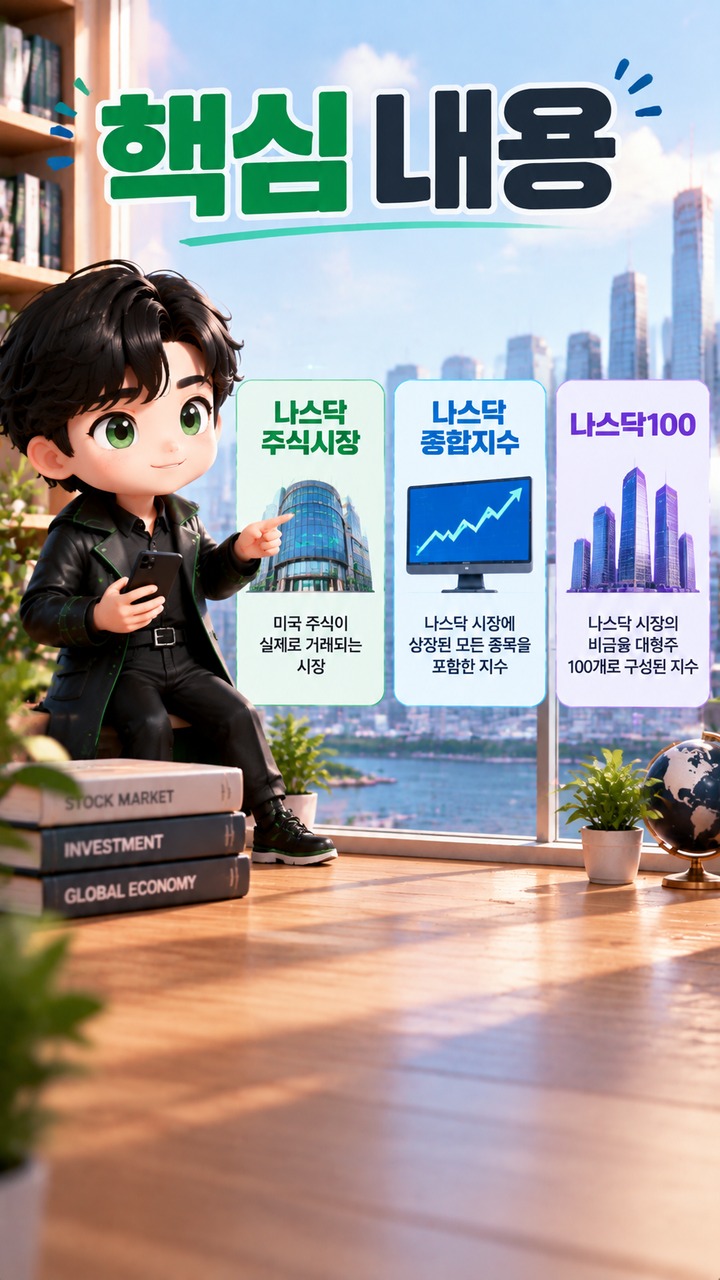 나스닥이란? 주식시장과 나스닥 종합지수·나스닥100 차이부터 이해하기# 나스닥이란? 주식시장과 나스닥 종합지수·나스닥100 차이부터 이해하기 - 핵심 내용 핵심 내용을 정리한 정보형 이미지