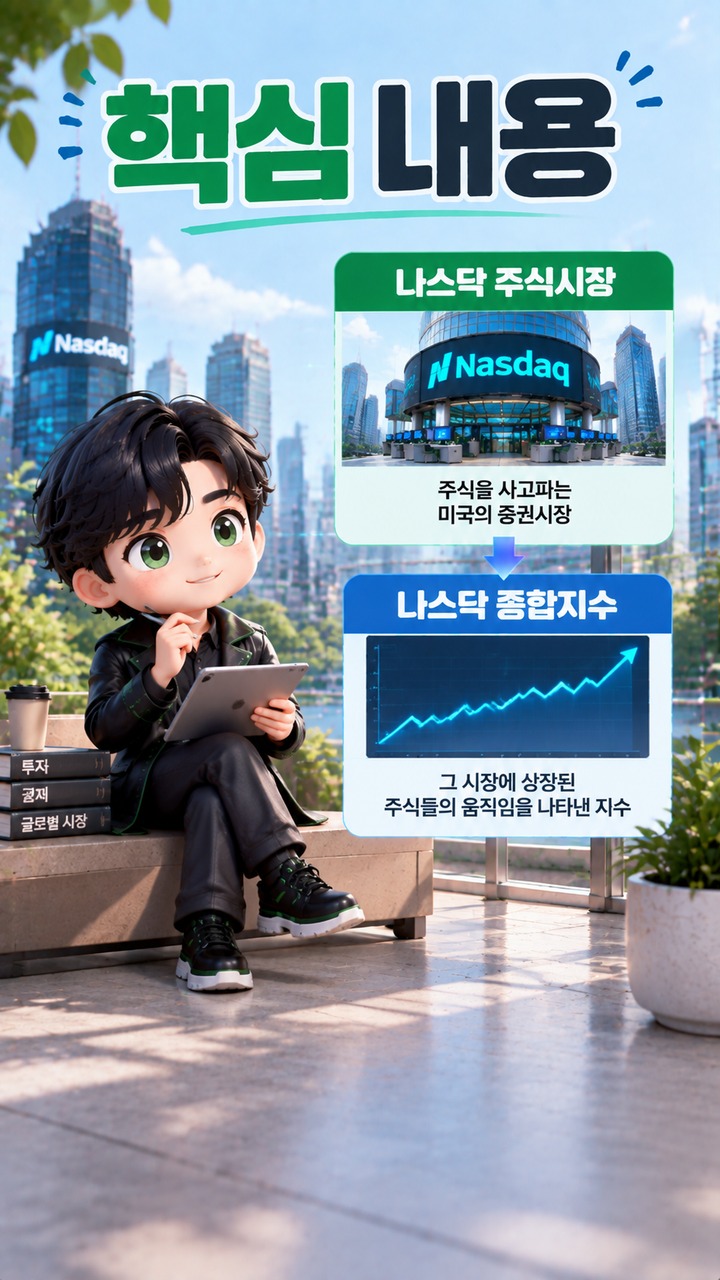 나스닥이란? 주식시장과 나스닥 종합지수·나스닥100 차이부터 이해하기# 나스닥이란? 주식시장과 나스닥 종합지수·나스닥100 차이부터 이해하기 - 핵심 내용 핵심 내용을 정리한 정보형 이미지