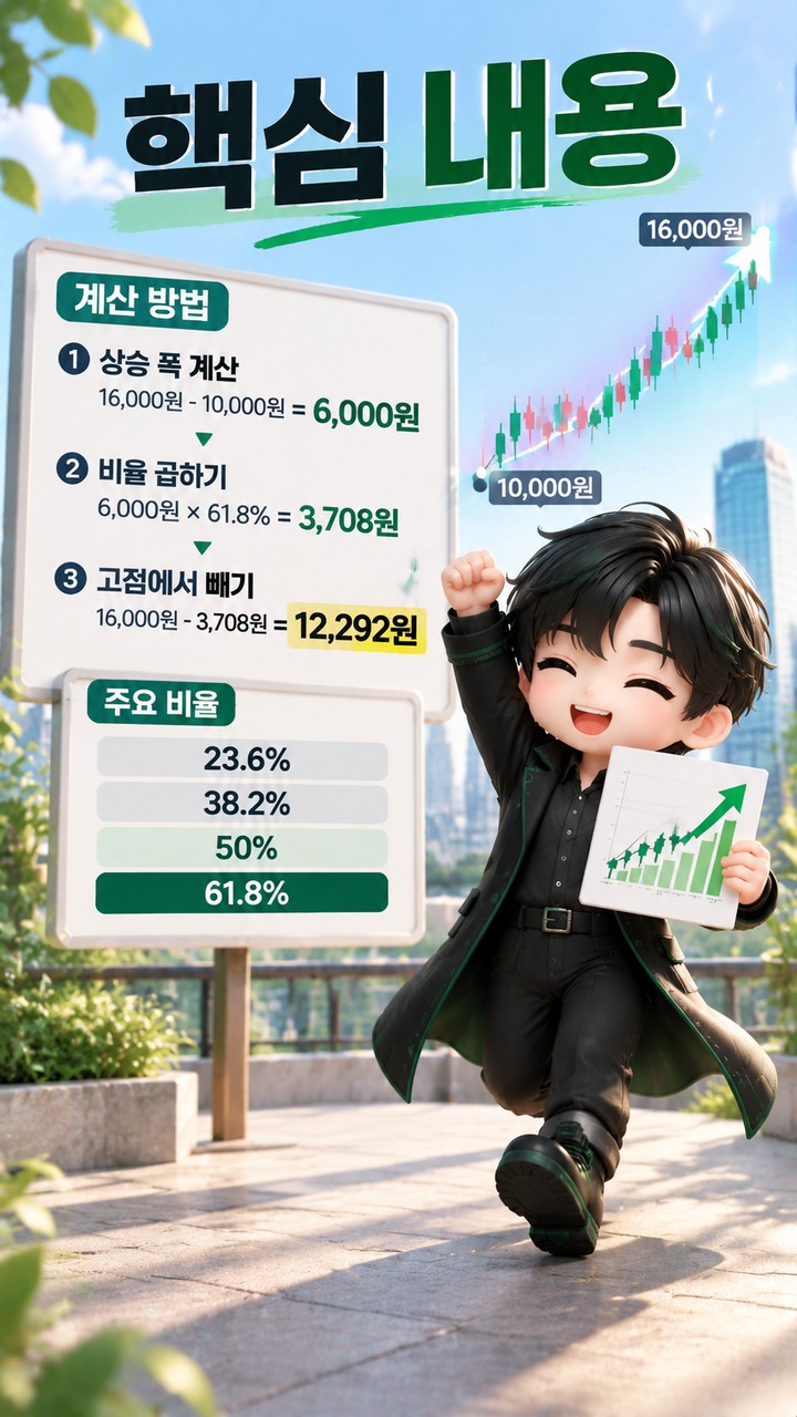 주식 분석 기법 피보나치 계산 방법# 주식 분석 기법 피보나치 계산 방법, 1만원→1만6000원이라면 61.8%는 1만2292원 - 핵심 내용 핵심 내용을 정리한 정보형 이미지