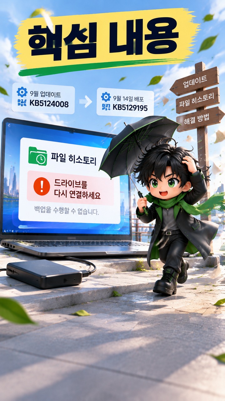 KB5124008·KB5129195 뒤 파일 히스토리가 멈췄다면, 외장 드라이브 초기화보다 먼저 볼 것 - 핵심 내용 핵심 내용을 정리한 정보형 이미지