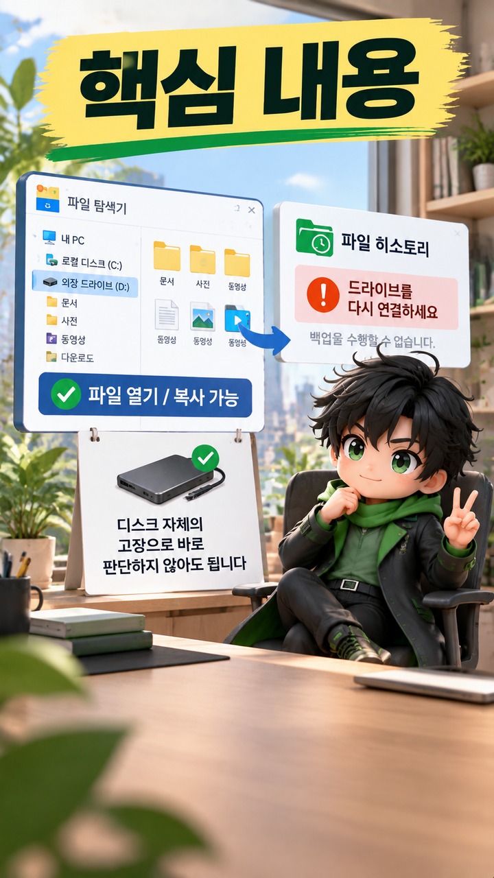 KB5124008·KB5129195 뒤 파일 히스토리가 멈췄다면, 외장 드라이브 초기화보다 먼저 볼 것 - 핵심 내용 핵심 내용을 정리한 정보형 이미지