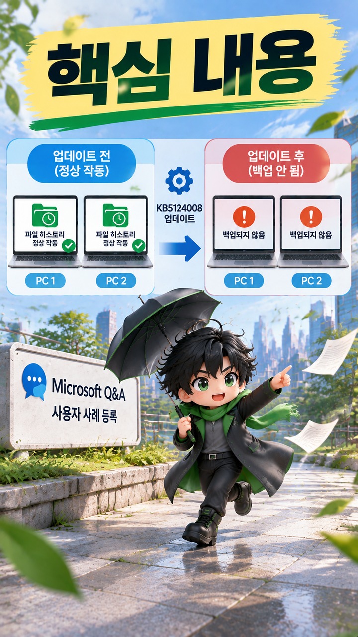KB5124008·KB5129195 뒤 파일 히스토리가 멈췄다면, 외장 드라이브 초기화보다 먼저 볼 것 - 핵심 내용 핵심 내용을 정리한 정보형 이미지