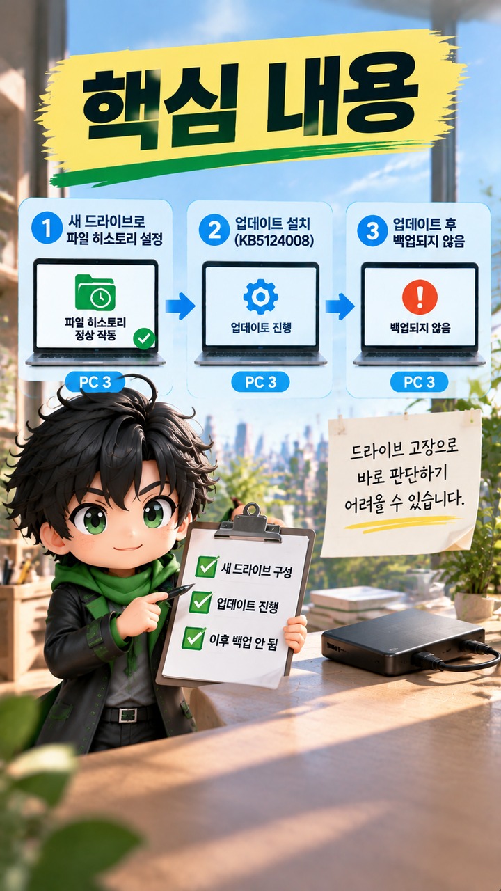 KB5124008·KB5129195 뒤 파일 히스토리가 멈췄다면, 외장 드라이브 초기화보다 먼저 볼 것 - 핵심 내용 핵심 내용을 정리한 정보형 이미지