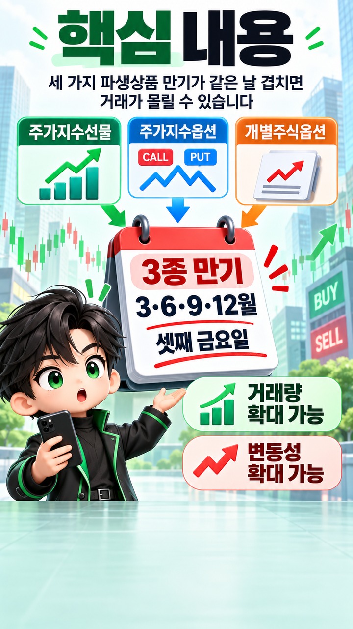 트리플위칭이란? 세 가지 파생상품 만기가 겹칠 때 거래가 몰리는 이유# 트리플위칭이란? 세 가지 파생상품 만기가 겹칠 때 거래가 몰리는 이유 - 핵심 내용 핵심 내용을 정리한 정보형 이미지