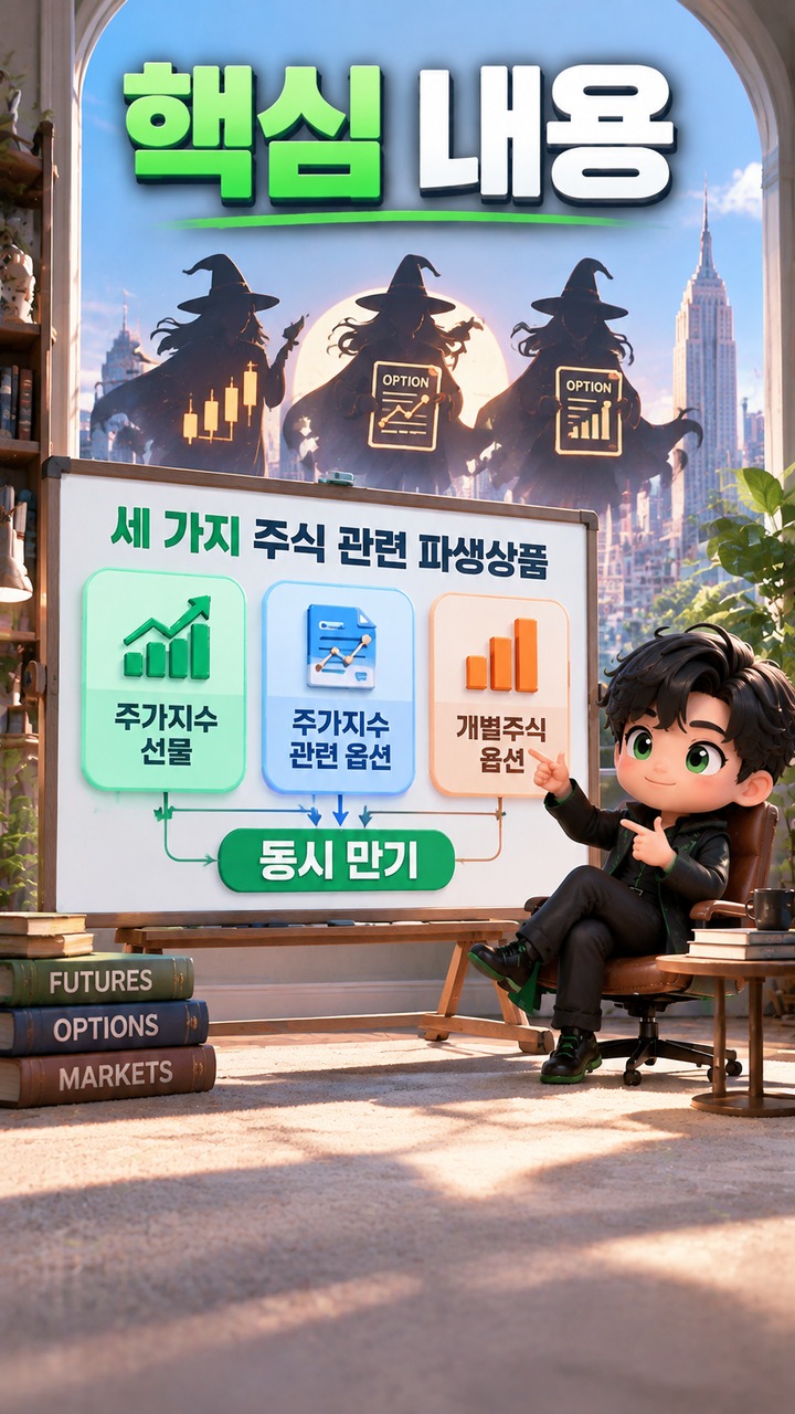 트리플위칭이란? 세 가지 파생상품 만기가 겹칠 때 거래가 몰리는 이유# 트리플위칭이란? 세 가지 파생상품 만기가 겹칠 때 거래가 몰리는 이유 - 핵심 내용 핵심 내용을 정리한 정보형 이미지