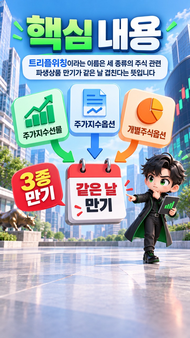 트리플위칭이란? 세 가지 파생상품 만기가 겹칠 때 거래가 몰리는 이유# 트리플위칭이란? 세 가지 파생상품 만기가 겹칠 때 거래가 몰리는 이유 - 핵심 내용 핵심 내용을 정리한 정보형 이미지