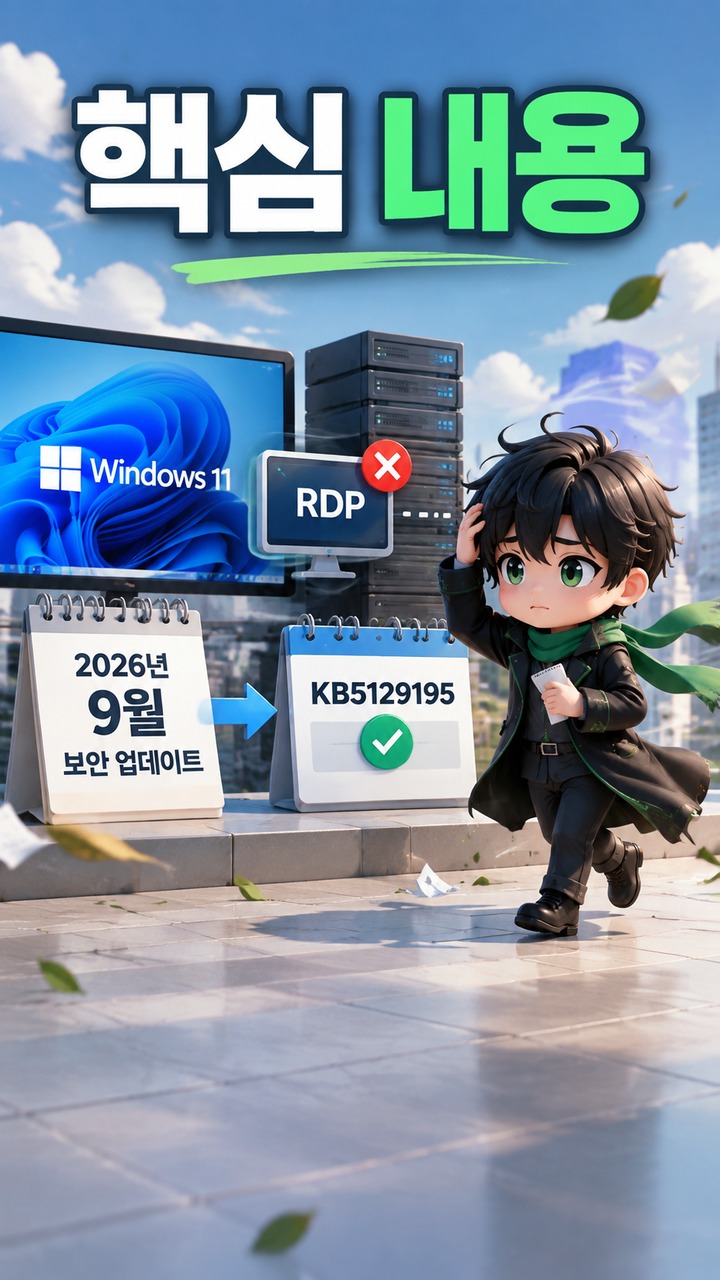 Windows 11 업데이트 후 RDP 원격 접속 멈춤, KB5129195 적용 여부 확인해야 하는 이유 - 핵심 내용 핵심 내용을 정리한 정보형 이미지