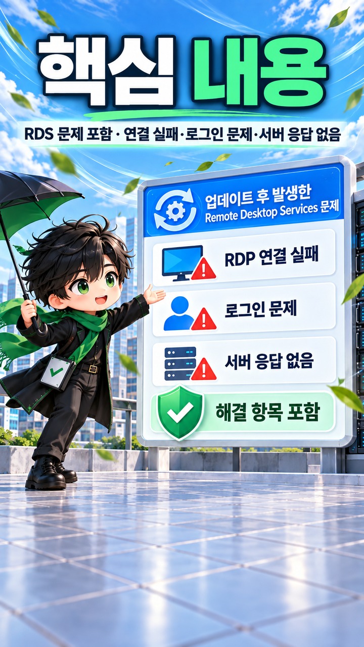 Windows 11 업데이트 후 RDP 원격 접속 멈춤, KB5129195 적용 여부 확인해야 하는 이유 - 핵심 내용 핵심 내용을 정리한 정보형 이미지