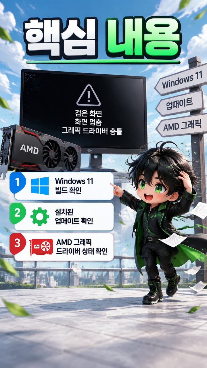 Windows 11 업데이트 후 AMD 그래픽 검은 화면·충돌이 생겼다면 먼저 확인할 항목 - 핵심 내용 핵심 내용을 정리한 정보형 이미지