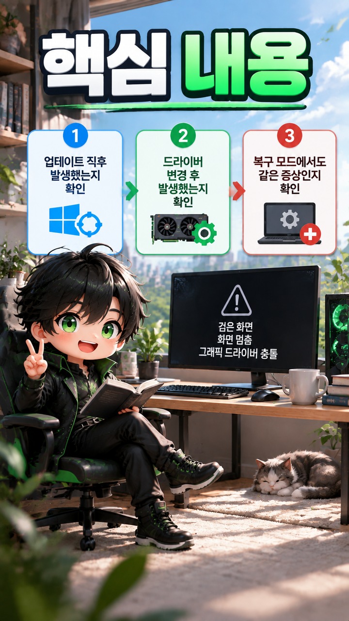Windows 11 업데이트 후 AMD 그래픽 검은 화면·충돌이 생겼다면 먼저 확인할 항목 - 핵심 내용 핵심 내용을 정리한 정보형 이미지