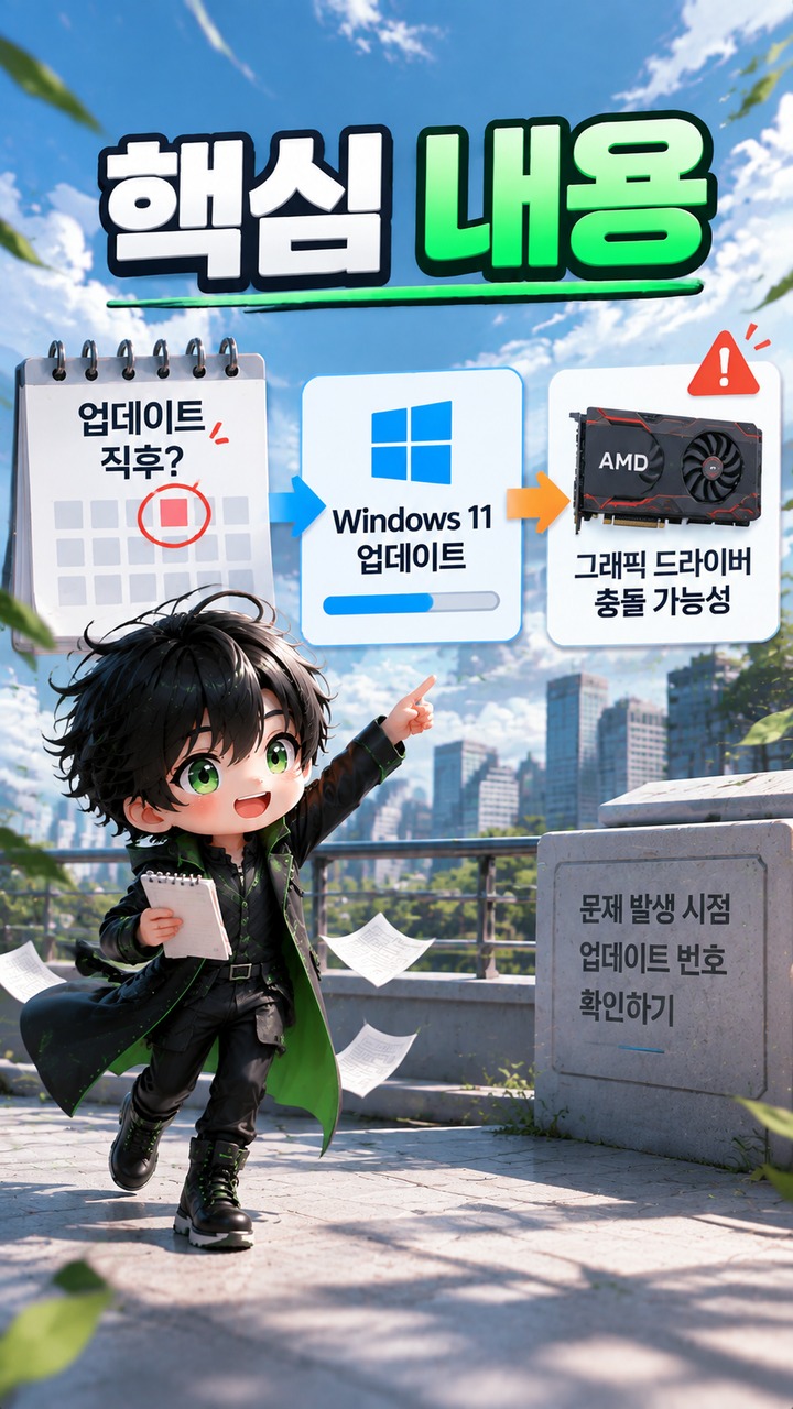 Windows 11 업데이트 후 AMD 그래픽 검은 화면·충돌이 생겼다면 먼저 확인할 항목 - 핵심 내용 핵심 내용을 정리한 정보형 이미지